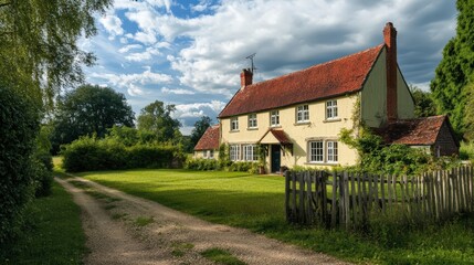 Fototapeta premium Charming countryside house with a red roof and grassy yard near a dirt road surrounded by trees and bright blue sky.