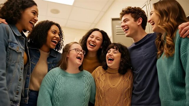 Inclusive group of diverse high school students, including teenagers with Down syndrome, laughing and hugging together in a school hallway near lockers, celebrating friendship.