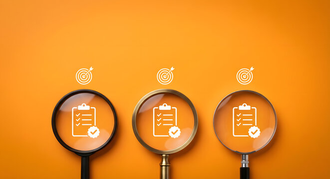 three magnifying glasses focusing on checklist clipboard icons and target symbols over a bright orange background for quality control performance monitoring and goal achievement