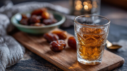 Dates and water simple meal for breaking fast, traditional iftar food, religious fasting ritual, spiritual nourishment display, modest meal presentation, defocused table surface,