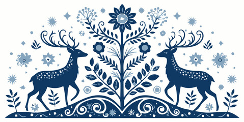Majestic deer with large antlers surrounded by floral patterns and stars