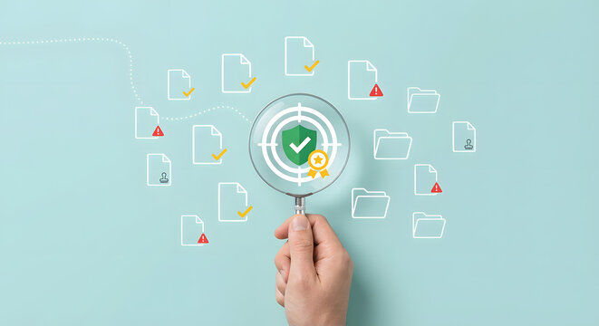 hand holding magnifying glass over security shield icon for data protection and cyber security audit of digital documents and files for privacy compliance and system safety