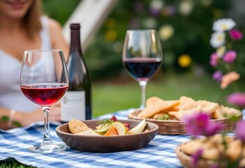 Naklejka premium two glasses of wine and cheese on a table