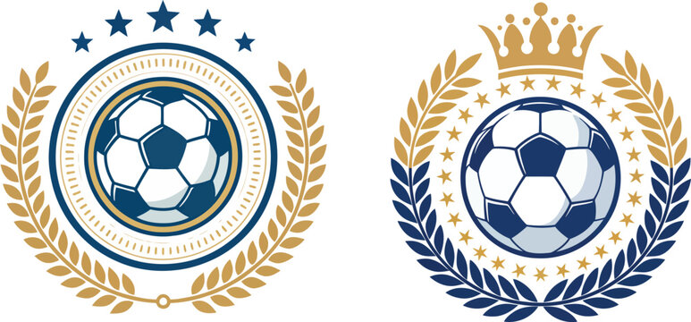 Premium football championship crest logo set with soccer ball laurel wreath stars and royal crown, luxury blue and gold circular sport emblem collection, flat vector illustration isolated