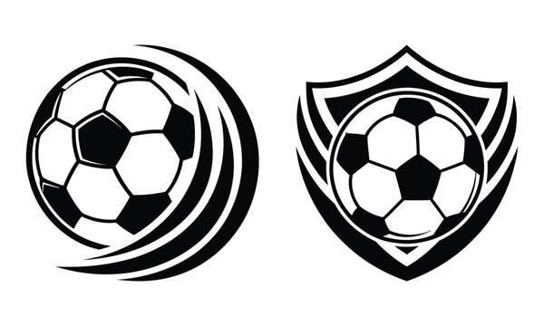 Black and white soccer logo set with football ball swirl motion and shield emblem, minimal monochrome sport icon collection, flat vector illustration isolated on white background
