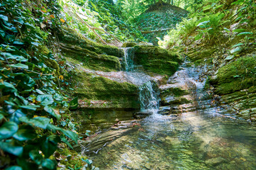 Waterfall cascades through mossy canyon where vibrant greenery envelops stones and flowing water. © Юрий Эйченко