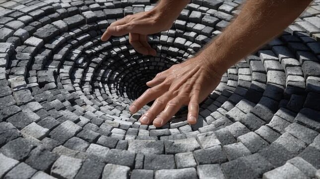 Creating an intricate stone design in a spiral shape using gray and black stones at a construction site in the daytime