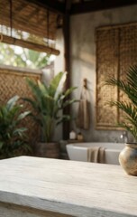 Fototapeta premium Serene outdoor bathroom with wooden counter and tropical plants