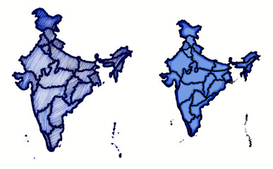 Vintage sketch of India map in blue ink with detailed outline  