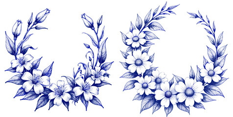 Vintage sketch of blue ink flower garland for India's Day  