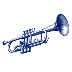 Vintage sketch of a military trumpet in blue ink for India Day  