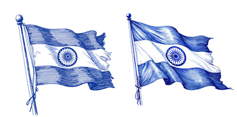 Vintage sketch of Indian flags in blue ink for Independence Day  