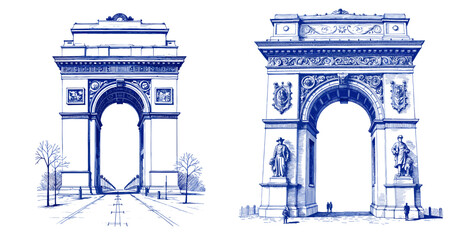 Vintage sketch of monuments arch in blue ink for India Day  