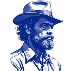 Vintage sketch of a man with a hat and beard in blue ink  