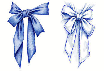 Vintage sketch of blue and white silk bows on white background  
