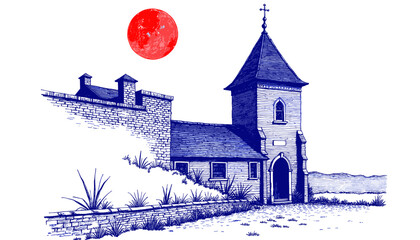 Vintage sketch of a church with blue ink and a red sun for India Day  