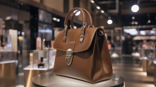 High resolution luxury brown leather handbag showcased in modern retail environment with cinematic ambient lighting Video 4K UHD 60fps