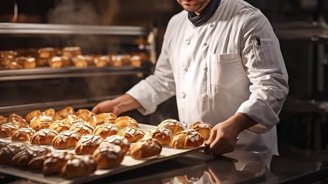 Male master chef in uniform making sweet cookies on baking tray at bakery workshop, closeup view. Generative AI