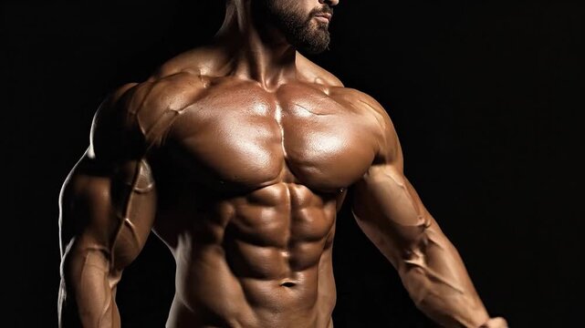 Cropped image of tanned athletic man with perfect six pack abs showing big biceps. Generative AI