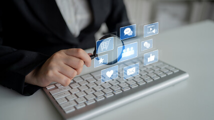 Icons representing social media interaction, communication, and engagement. Social media builds community, social media drives connection, and social media influences behavior. Latch