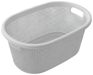 White plastic laundry basket with handles, oval shape, empty container for clothes or storage