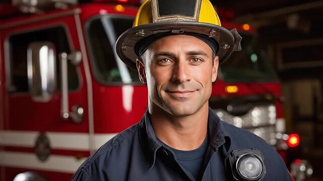Young male firefighter at firetrack in fire station. People profession for protection, rescue from dangerous fire. Generative AI
