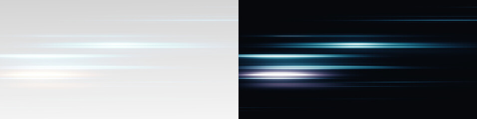 Horizontal neon lines overlay effect, futuristic blue and gold motion blur trails, abstract technology background for web page header and cyber design. © Alehandro