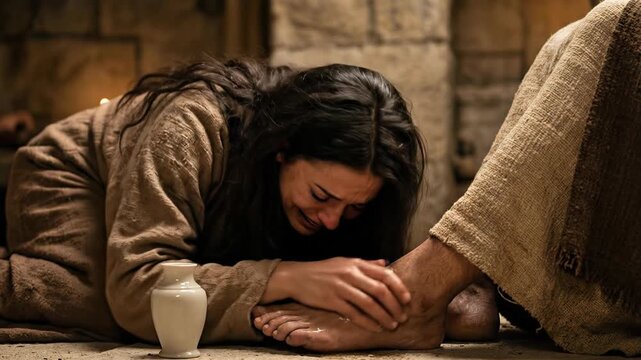 Biblical Scene of Repentant Woman Mary Magdalene Kneeling and Washing Feet of Jesus Christ with Perfume Jar inside Ancient House Depicting Forgiveness and Humility Concept in New Testament