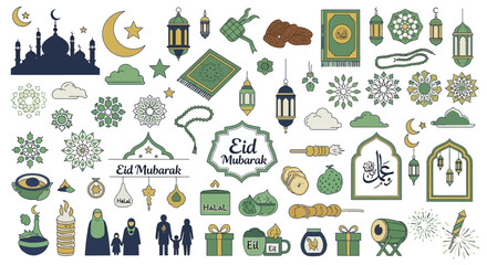 Islamic Symbols and Icons for Eid Mubarak.