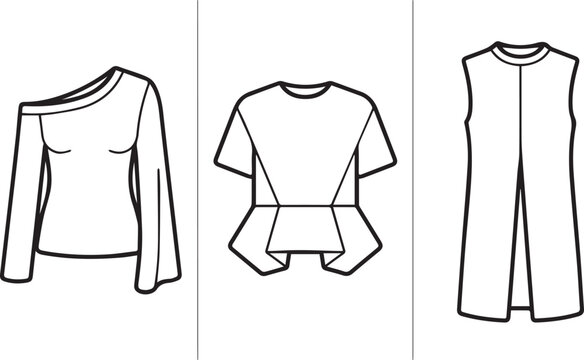 One shoulder top, peplum t-shirt, and sleeveless tunic outlines