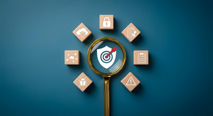 magnifying glass focusing on digital security shield and target icons with wooden blocks representing cybersecurity auditing risk assessment and network data protection strategy