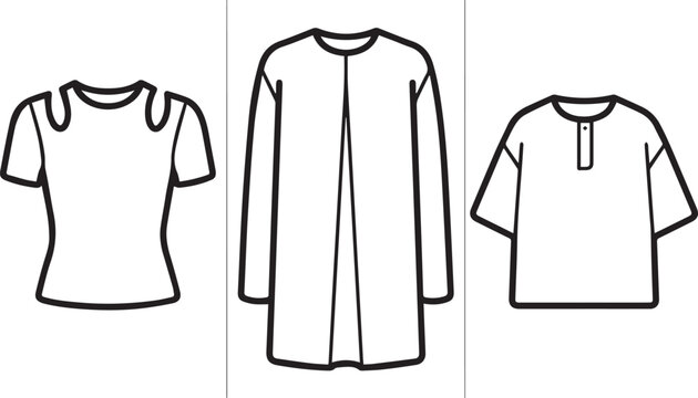 Vector outline of women's tops and shirts for fashion design