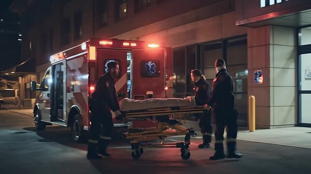 Team of EMS paramedics on ambulance car arrived to hospital at night. Urgent medical care concept. Generative AI
