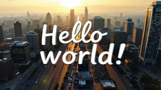"Hello world" text animation over an aerial city view at sunrise. Modern cityscape with highway traffic for a technology introduction concept