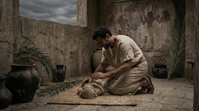 Biblical Scene of Sad Egyptian Father Crying over Dead Body of Firstborn Son Wrapped in Shroud inside Ancient Room Depicting Tenth Plague History Concept in Old Testament