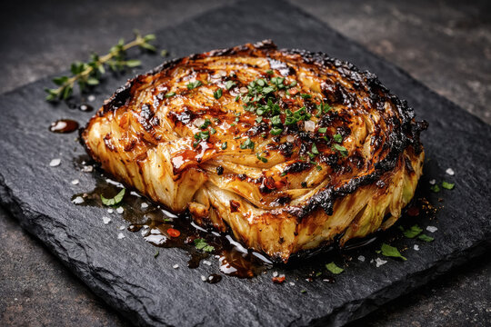 Delicious roasted cabbage steak with balsamic glaze and fresh herbs on slate board. generative AI