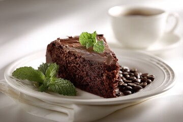 Delicious chocolate cake slice with coffee beans and mint leaves