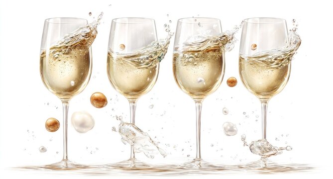 Four wine glasses with liquid splashing against a clean white background