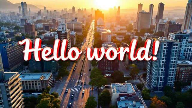 Animated "Hello world!" text over an aerial city view at sunset. Modern cityscape with traffic and skyscrapers. Programming and technology concept