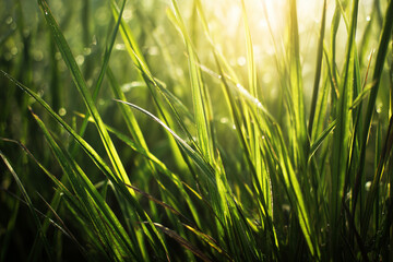 Sunlit green grass blades with soft bokeh background