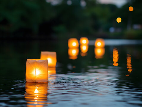 Glowing square paper lanterns float on calm dark water at night with ripples