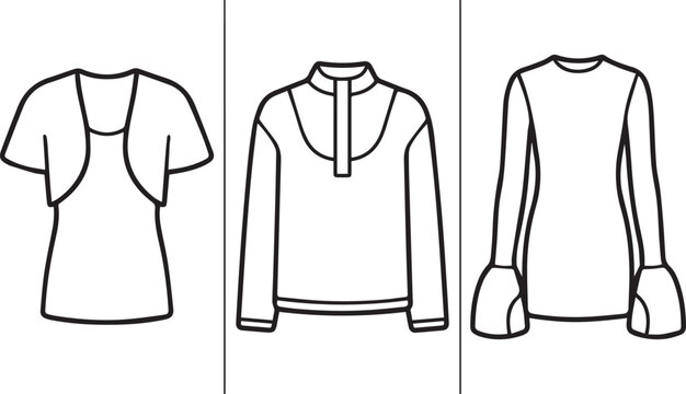 Minimalist outline fashion icons set with bolero jacket zip up pullover and flared sleeve