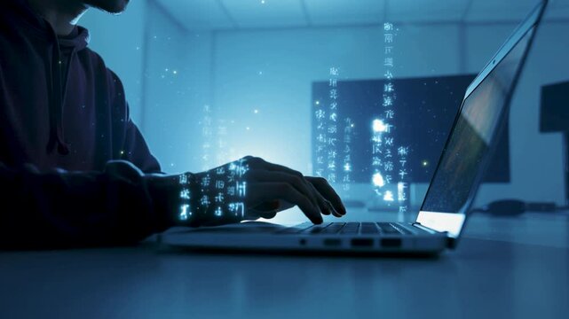 person in a dark hoodie typing on a laptop with glowing blue digital code and data characters floating vertically in a high tech cinematic setting