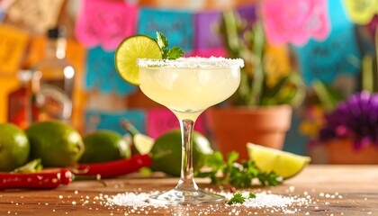 Classic Margarita cocktail with a salted rim and lime slice in a festive Mexican setting.