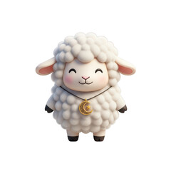 Adorable cartoon sheep with golden moon pendant isolated on transparent background