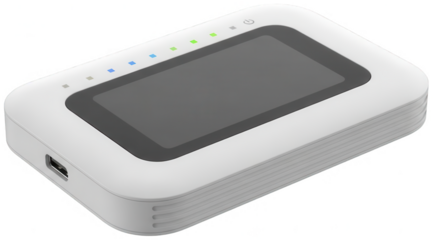 White portable wifi hotspot device with screen and lights on checkered background