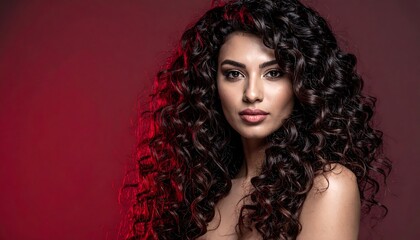 Portrait of a woman with long, dark curly hair, against a red-toned background