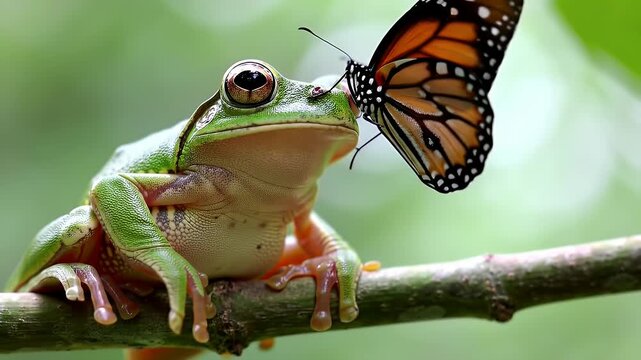 A Monarch Butterfly Perches Delicately On the Snout Of A Vibrant Green Tree Frog On A Branch
