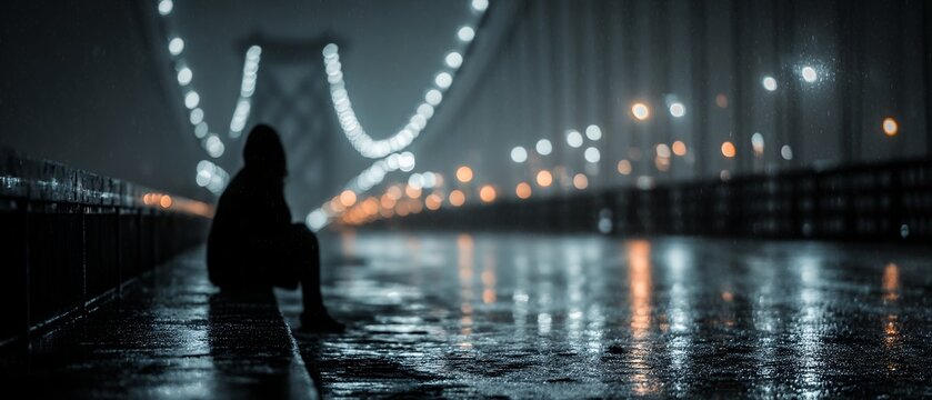 person sits on wet bridge at night