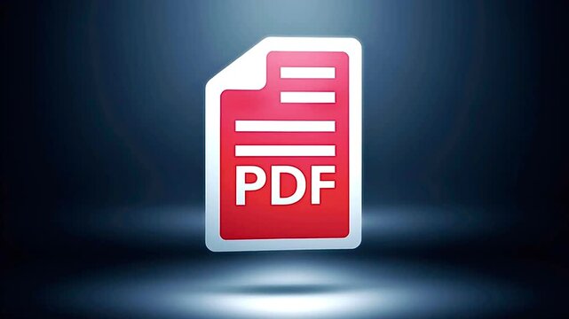 Red three dimensional pdf file icon spinning on its axis over a dark, stylized background with a spotlight effect, symbolizing digital documents, data transfer, and office technology